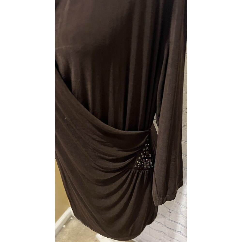 Chico's Travelers Faux Wrap Top Chocolate Brown Slinky Knit Shirt Size 2/L/12 - Picture 2 of 9
